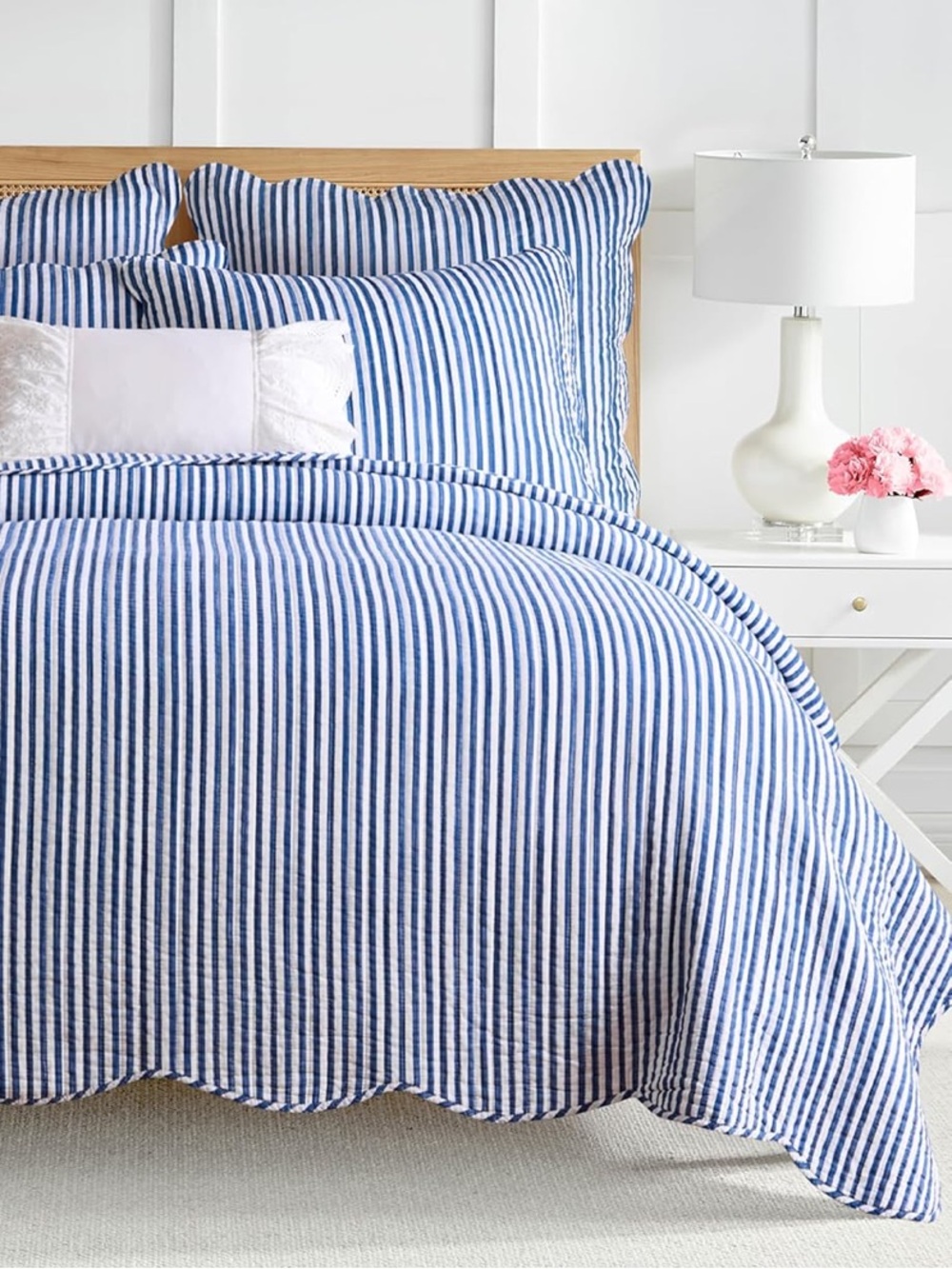 🆕 PB Style Navy Blue White Striped Cotton Quilt Coverlet Scalloped Trim Set NWT